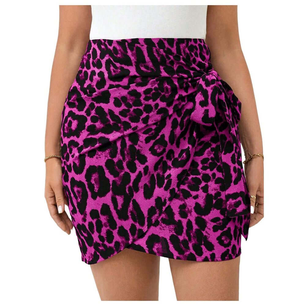 7505 Plus Size Mini Skirt Leopard Print Wrap Tie Front Short Skirts Pink